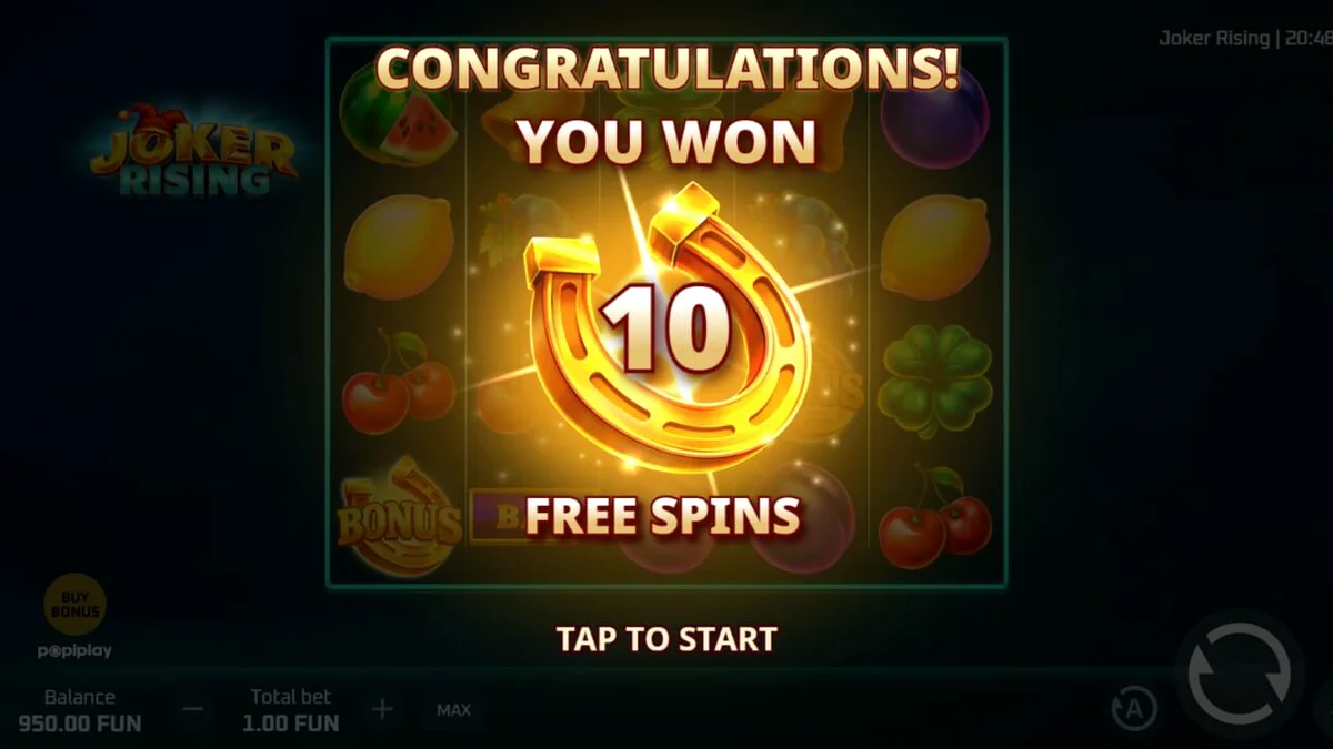Tampilan visual slot Joker Rising dengan simbol buah neon dan karakter Joker